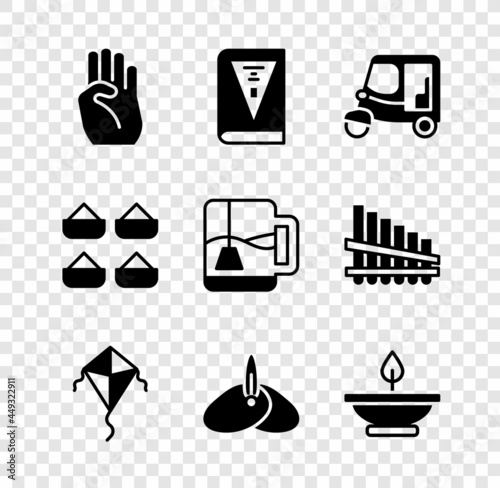 Set Indian symbol hand, constitution day, Taxi tuk tuk, Kite, headgear turban, Aroma lamp, spice and Cup of tea with tea bag icon. Vector