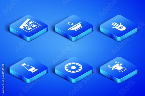 Set Cow, Bollywood indian cinema, Chakra, Indian vase, Aroma lamp and Hamsa hand icon. Vector