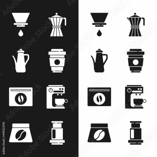 Set Coffee cup to go, Teapot, V60 coffee maker, moca, Bag beans, machine, Aeropress and icon. Vector