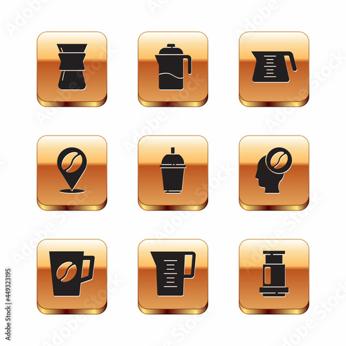 Set Pour over coffee maker, Coffee cup, Jug glass with water, to go, Location bean, pot, Aeropress and French icon. Vector