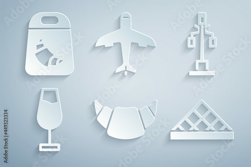 Set Croissant, Street light, Wine glass, Louvre museum, Plane and package icon. Vector