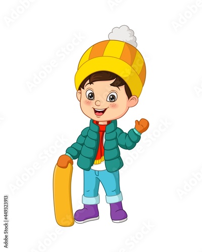Cute little cartoon boy in winter clothes with snowboard waving hand