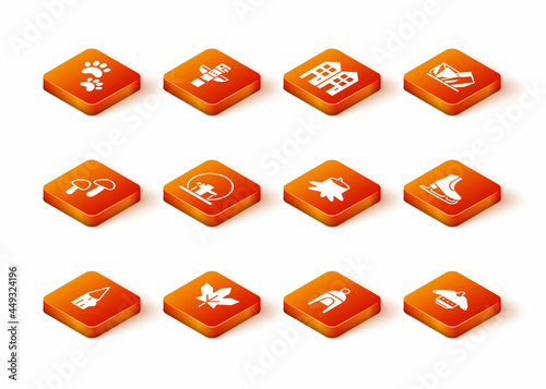 Set Wooden log, Canadian maple leaf, Mushroom, Montreal Biosphere, Winter hat, Tree stump, Christmas sweater and Skates icon. Vector