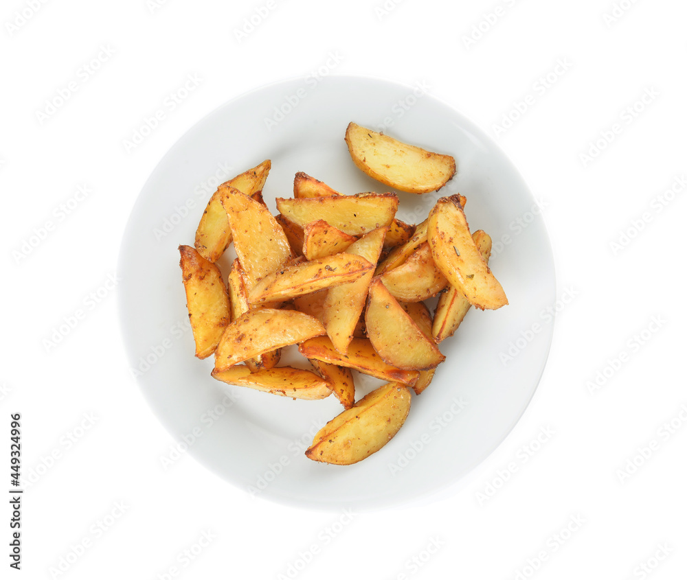 Plate with tasty baked potato on white background Plate with tasty baked potato on white background