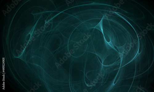 Floating lightnings of energy in dark abyss of space. Turquoise nebula with chaotic discharges, rushing beams of light. Suits for design purposes as background cover or texture. 