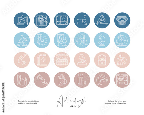 Set of hand drawn line art vector illustrations of art and crafting. Vector line icons set for social media story highlight.