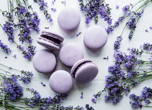 French macarons with lavender flavor and fresh lavender flowers