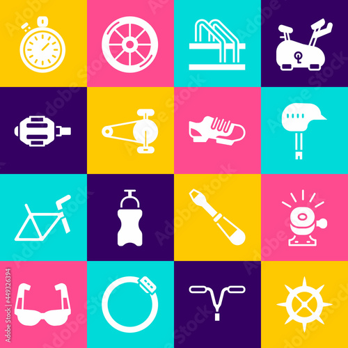 Set Bicycle sprocket crank, bell, helmet, parking, chain with gear, pedal, Stopwatch and shoes icon. Vector