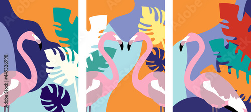 Collection of colored abstractions with flamingos and tropical plants (monstera and palm) on the backgrounds