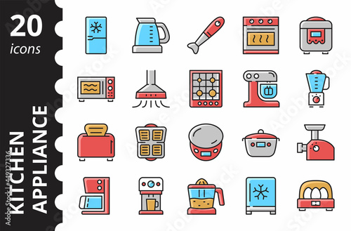 Kitchen Appliances - Linear Colored Icons Set. Kitchen household collection. Simple line vector symbols.