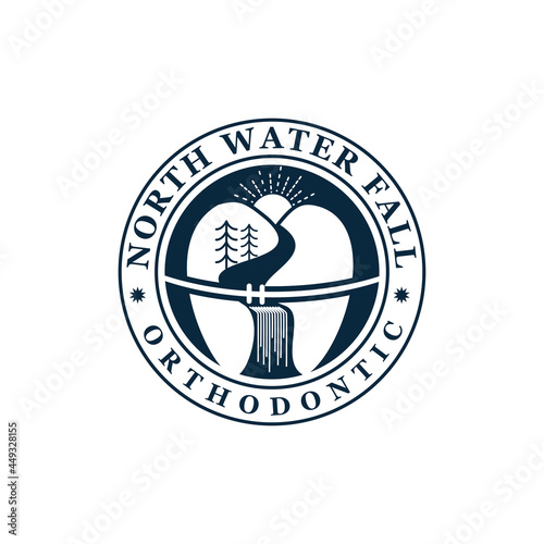 north water falls orthodontic logo, vintage rustic retro scenery tooth as hill and river vector