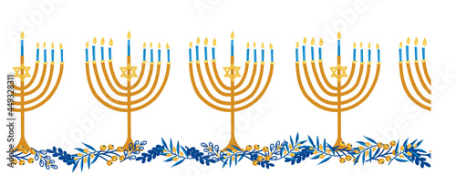 Menorahs seamless border vector. Hanukkah repeating pattern horizontal blue gold yellow Jewish holiday candle holder and olive branches. Candelabrum illustration for ribbon, greeting card, footers