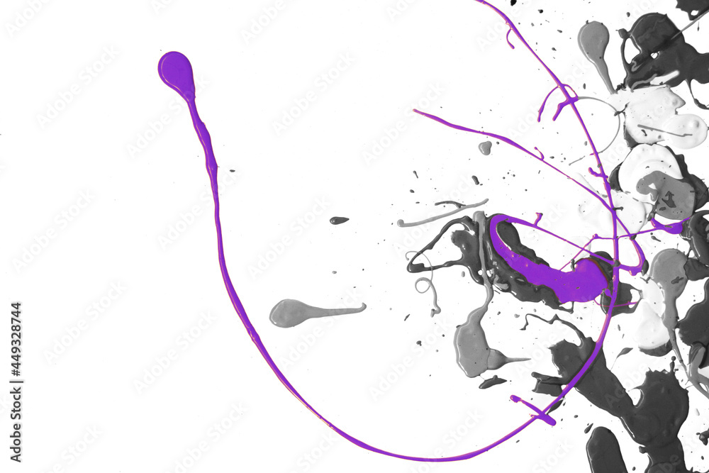 Detail of purple paint, color splash, on black and white acrylic paint background. Abstract and dripping concept