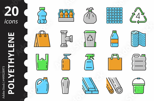 Low density polyethylene - linear colored icon set. LDPE products - food package, plastic bottle, bucket, garbage bag. Vector simple outline symbols.