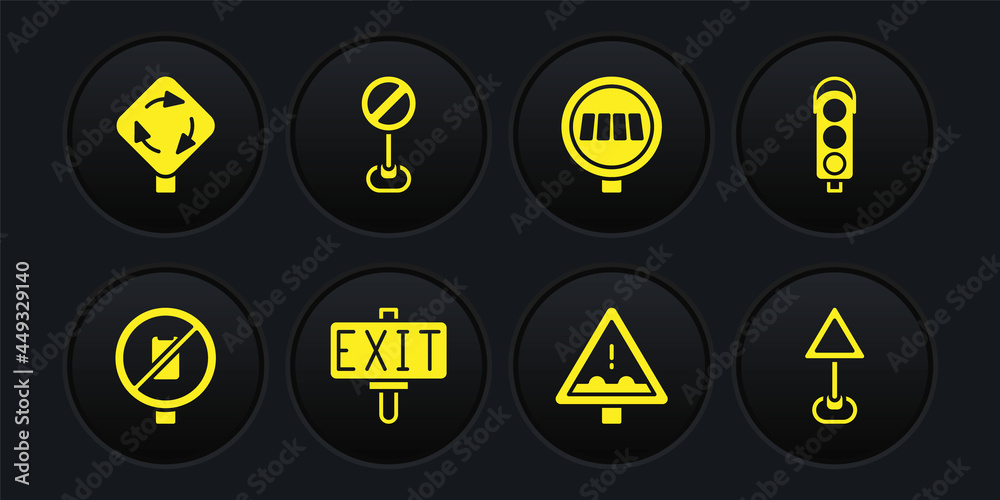 Set No cell phone, Traffic light, Fire exit, Uneven road ahead sign, Pedestrian crosswalk, Stop, Triangle warning blank and Roundabout traffic icon. Vector Set No cell phone, Traffic light, Fire exit, Uneven road ahead sign, Pedestrian crosswalk, Stop, Triangle warning blank and Roundabout traffic icon. Vector