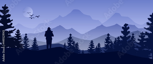Mountain landscape illustration art background vector. The adventure graphic design series for wild life and traveler. Forest nature wallpaper with bird, fog, sunset, The river and huge mountains.