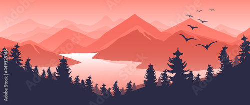 Mountain landscape illustration art background vector. The adventure graphic design series for wild life and traveler. Forest nature wallpaper with bird, fog, sunset, The river and huge mountains.