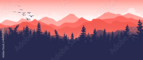 Mountain landscape illustration art background vector. The adventure graphic design series for wild life and traveler. Forest nature wallpaper with bird, fog, sunset, The river and huge mountains.