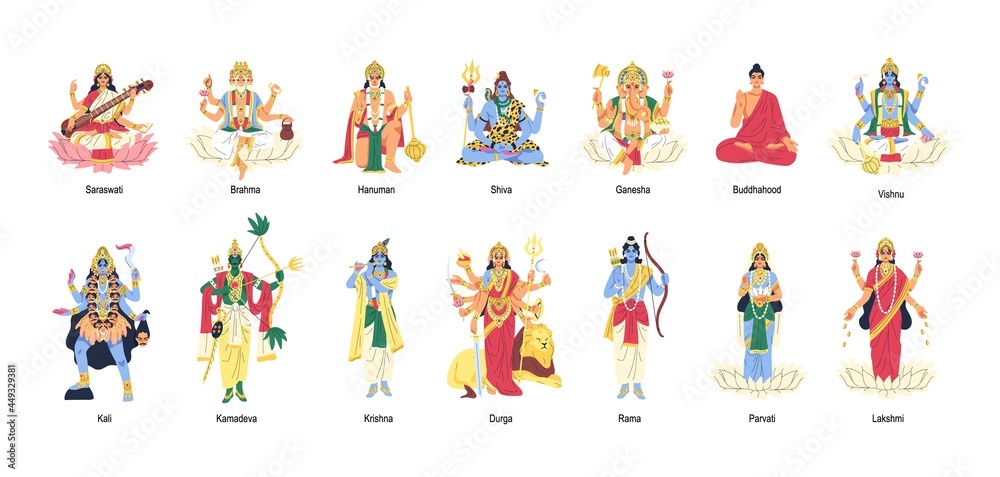 Set of ancient Indian Hindu gods and goddesses. Different idols of Hinduism. Deities and lords in India. Holy traditional characters of Asia. Flat vector illustration isolated on white background - obrazy, fototapety, plakaty 
