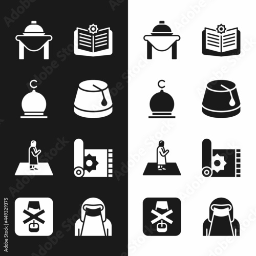 Set Turkish hat, Muslim Mosque, Table food, Holy book of Koran, man prays, Traditional carpet, woman in niqab and No alcohol icon. Vector