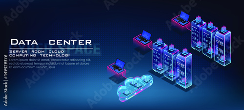 Server data processing in isometric projection. Cloud computing. Server room for storing and processing information through web hosting. Server process