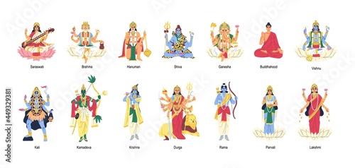 Set of ancient Indian Hindu gods and goddesses. Different idols of Hinduism. Deities and lords in India. Holy traditional characters of Asia. Flat vector illustration isolated on white background photo