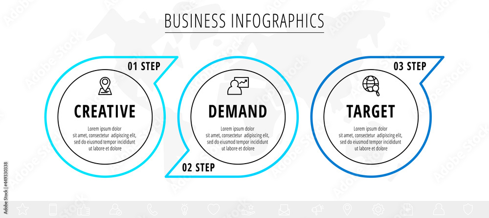 Obraz premium Minimal infographics with three line circles elements. Vector modern visualization of 3 step by step timeline concept with arrows. Template for diagram, business, web, banner, presentations, chart