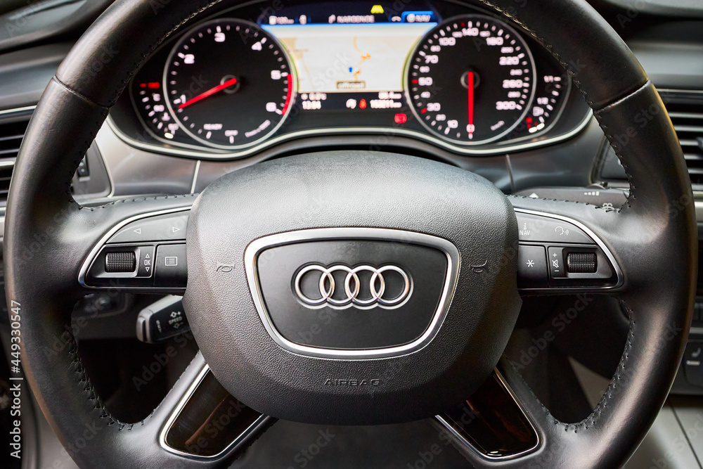 GRODNO, BELARUS - DECEMBER 2019: Audi A6 4G C7 steering wheel with
