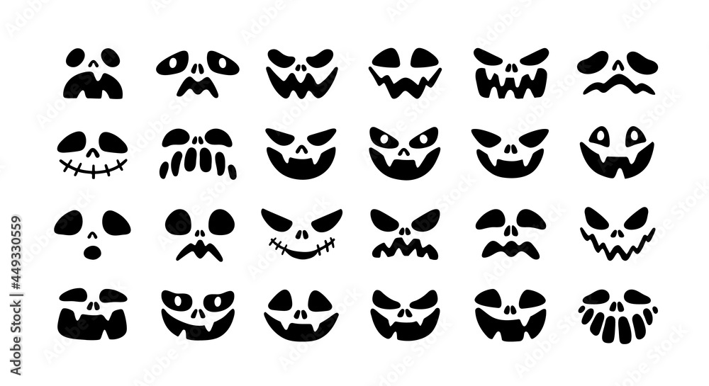 Obraz premium Set of scary Halloween faces with different expressions and emotions. Evil pumpkin's eyes and mouths. Stencils of creepy monster's silhouettes. Flat vector illustration isolated on white background