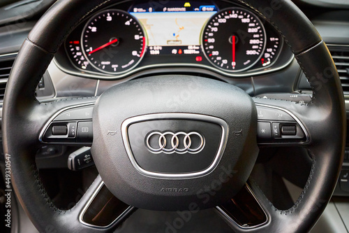 GRODNO, BELARUS - DECEMBER 2019: Audi A6 4G C7 interior in dark tones with  display with GPS navigation map multimedia system climate control panels  Stock Photo - Alamy
