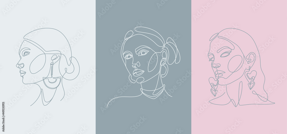 Contemporary art cover templates. Boho girl continous line drawing. Contemporary art cover templates. Boho girl continous line drawing.