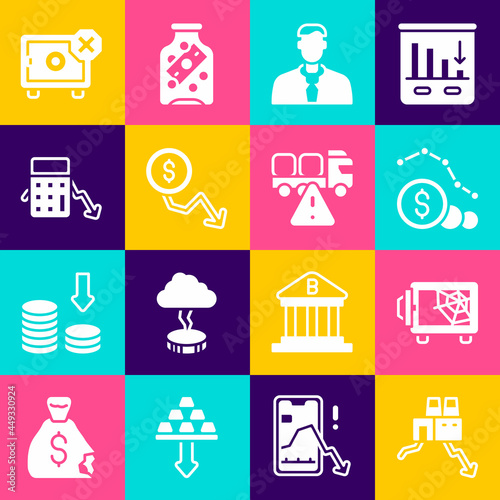 Set Shutdown of factory, Safe, Dollar rate decrease, Worker, Calculation expenses, and Stop delivery cargo truck icon. Vector