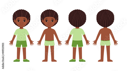 Cute Black Boy with Afro Hairstyle Stands. Front Rear View. Child is Wearing Clothes, a T-shirt, Shorts, Shoes and Underwear. Isolated Happy Schoolboy in Swimming Trunks. Flat Cartoon Style. Vector