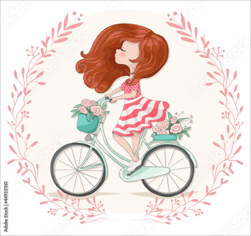 Romantic cute girl riding a bicycle ,vector illustration, vintage graphic.