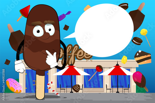 Ice Cream holding finger front of his mouth. Summer refreshment, sweet food as a cartoon character with face.