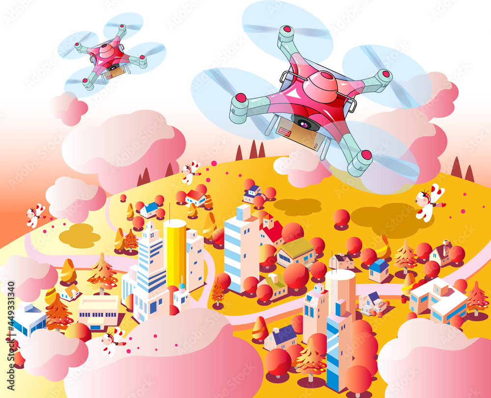 Obraz premium ドローンと赤トンボが飛び交う秋の街並み