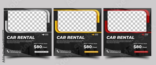Set of Social media post template design for car rentals. Modern square banner with silver, yellow, and red frame color.