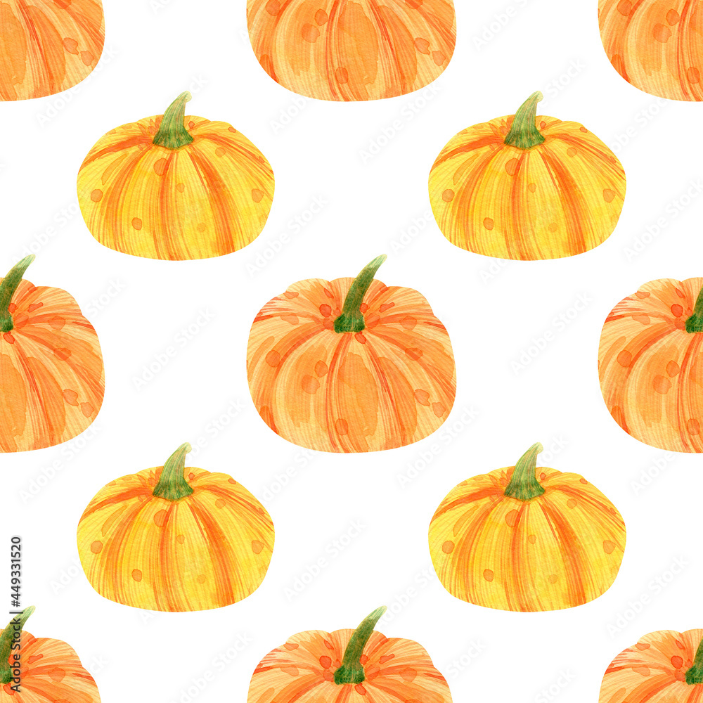 Seamless pumpkins pattern. Watercolor background with yellow and orange pumpkin for textile, thanksgiving day decor, fall souvenirs Seamless pumpkins pattern. Watercolor background with yellow and orange pumpkin for textile, thanksgiving day decor, fall souvenirs