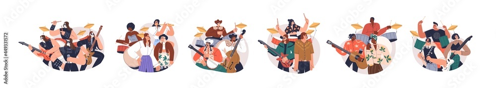 Group portraits of music bands with guitars and drums. Set of musicians and singers of rock, country and jazz styles. Flat vector illustrations of guitarists, drummers and vocalists isolated on white