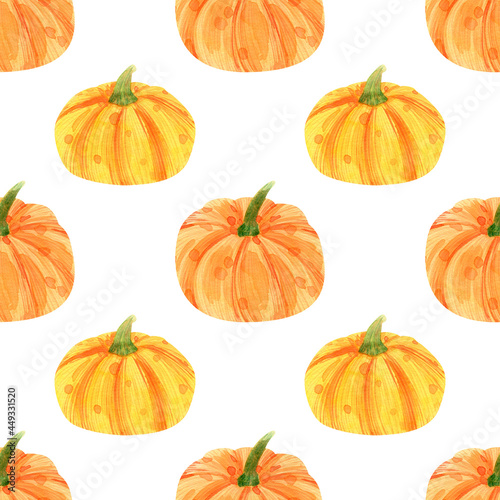 Seamless pumpkins pattern. Watercolor background with yellow and orange pumpkin for textile, thanksgiving day decor, fall souvenirs