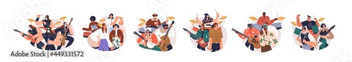 Group portraits of music bands with guitars and drums. Set of musicians and singers of rock, country and jazz styles. Flat vector illustrations of guitarists, drummers and vocalists isolated on white