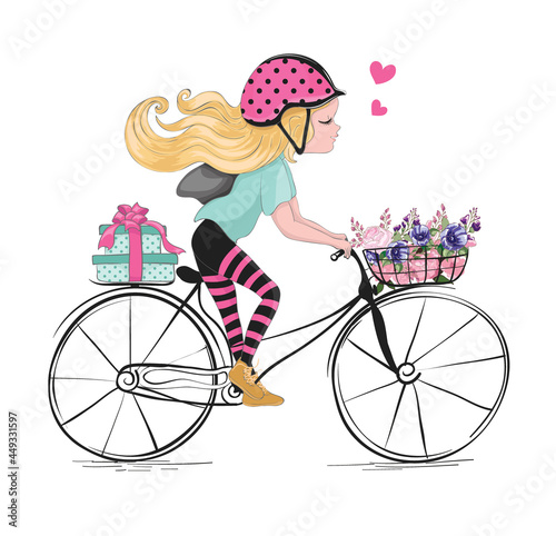 Lovely girl riding a bike with front basket in baguette, vector illustration.