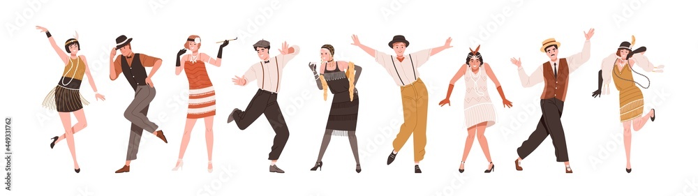 Fototapeta premium Happy people in retro-styled clothes dancing to funny music at Gatsby party of 20s. Set of stylish cheerful Broadway dancers of 1920s. Colored flat vector illustration isolated on white background
