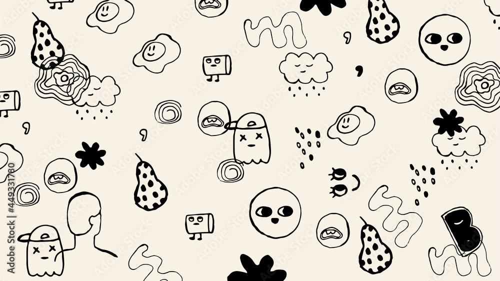 Fototapeta premium Hand drawn abstract illustration. Horizontal background in vintage rough style with different shapes, cute faces, monsters, lettering, dots. Hipster banner with charcoal texture.