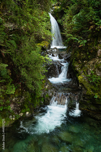 Avalanche Creek Waterfall in the rain  Arthur   s Pass  South Island. Vertical format