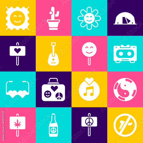 Set No war, Yin Yang symbol, Retro audio cassette tape, Flower, Guitar, Peace, LSD acid mark and Smile face icon. Vector