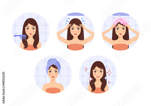 Beautiful Girl Washes her Hair. Isolated Young Woman uses Water, Foam, Brush and Towel. Clean Head. Steps. White background. Color Flat Cartoon style. A circle. White background. Vector stock image