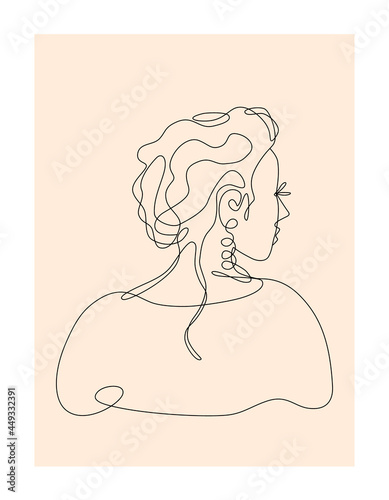 Silhouette of a woman in the style of line art drawing. The contour of the hairstyle and face is a continuous black line. Vector illustration for poster, print, cover, design.