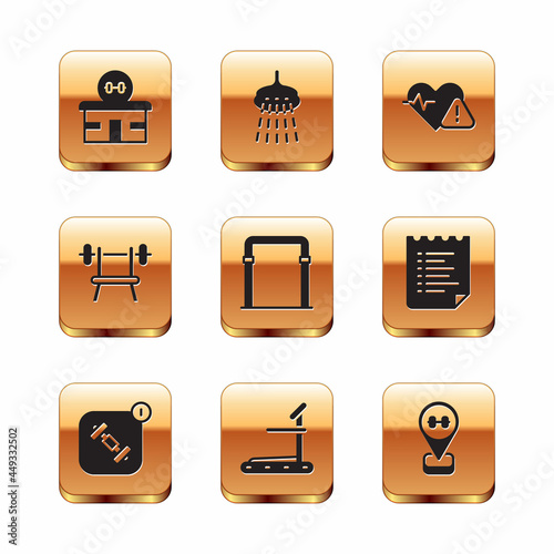 Set Gym building, Fitness app, Treadmill machine, Sport horizontal bar, Bench with barbell, Heart rate, Location gym and Shower icon. Vector