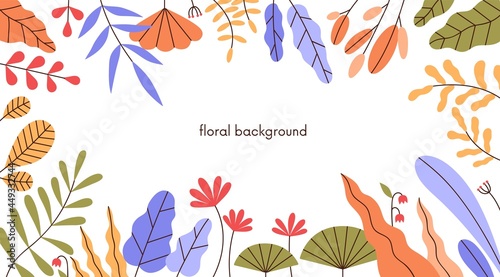 Floral background with leaf frame. Horizontal banner with modern botanical border art of abstract simple summer leaves and tropical plant. Flat vector illustration of trendy ornament on white backdrop